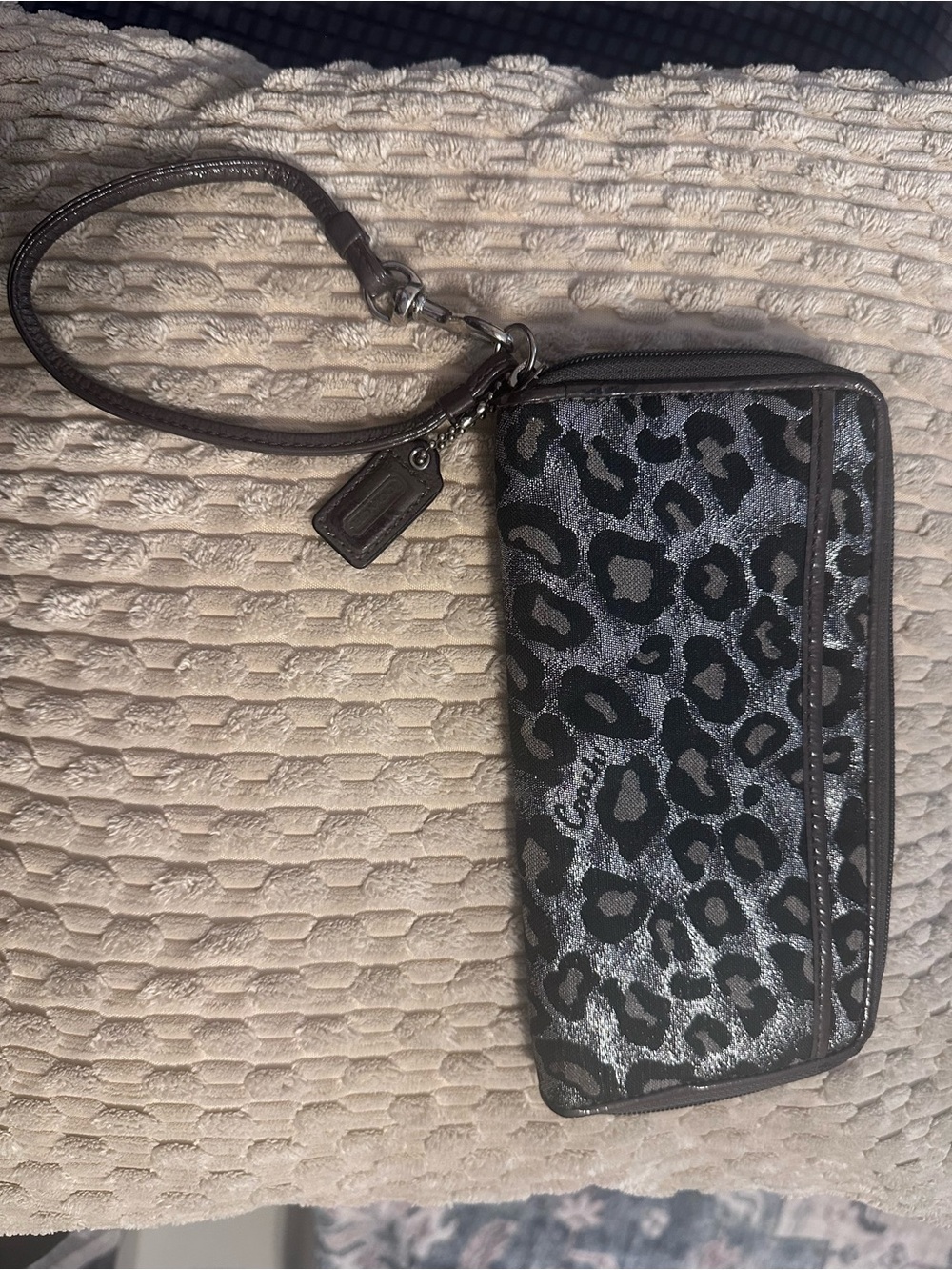 Coach Metallic Leopard Wristlet Wallet in Silver and Black